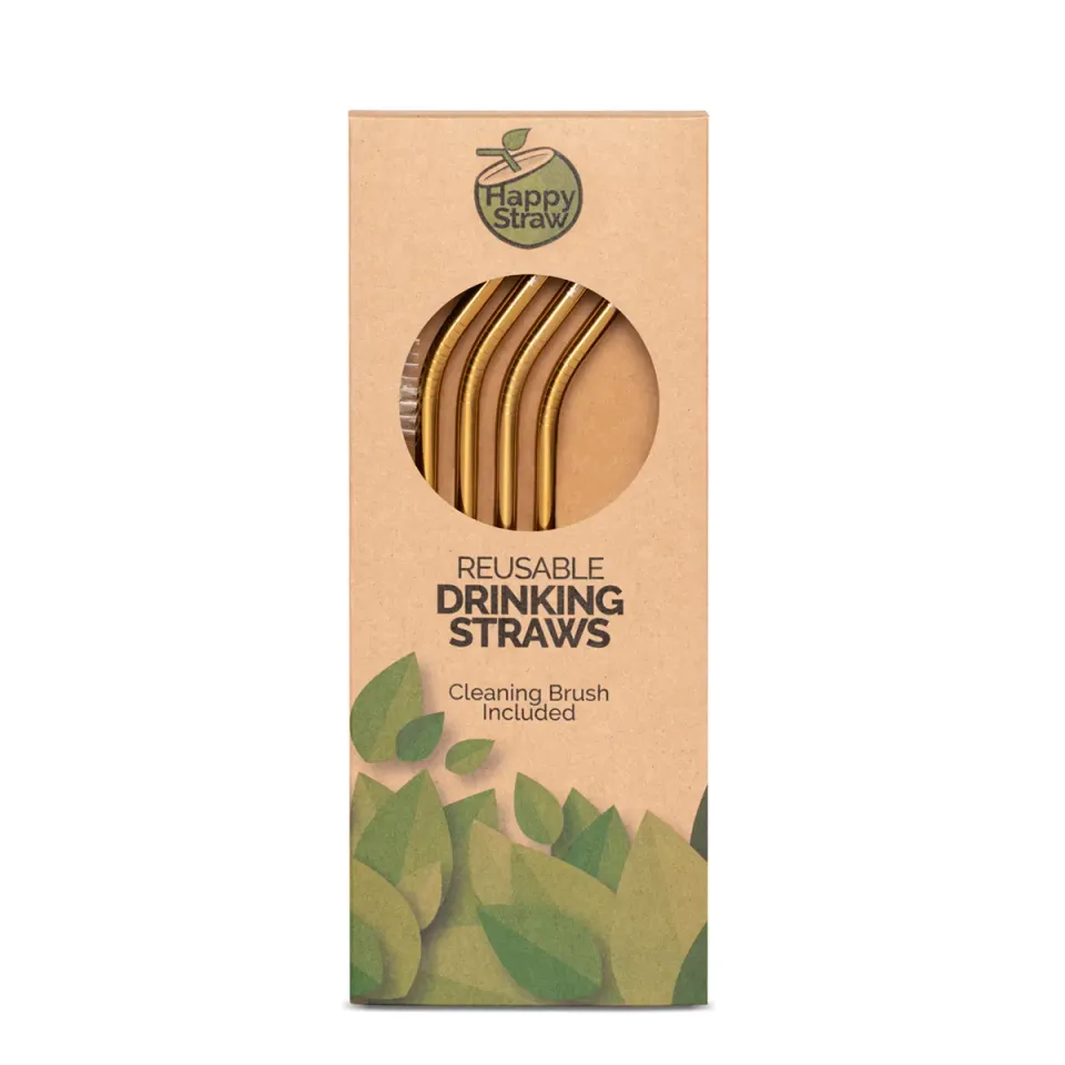 Happy Straw RVS rietjes gebogen goud 4 stuks 15 cm