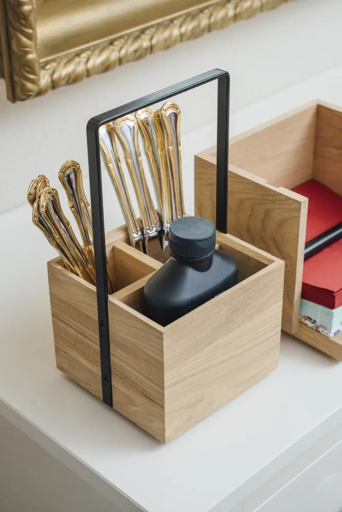 APS Valo tafel caddy 15x15 cm zwart met hout bestekhouder