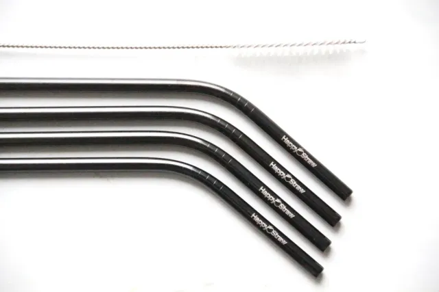 Happy Straw Zwarte RVS Rietjes Gebogen 4-pack 6 mm