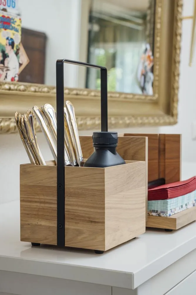 APS Valo tafel caddy 15x15 cm zwart met hout bestekhouder