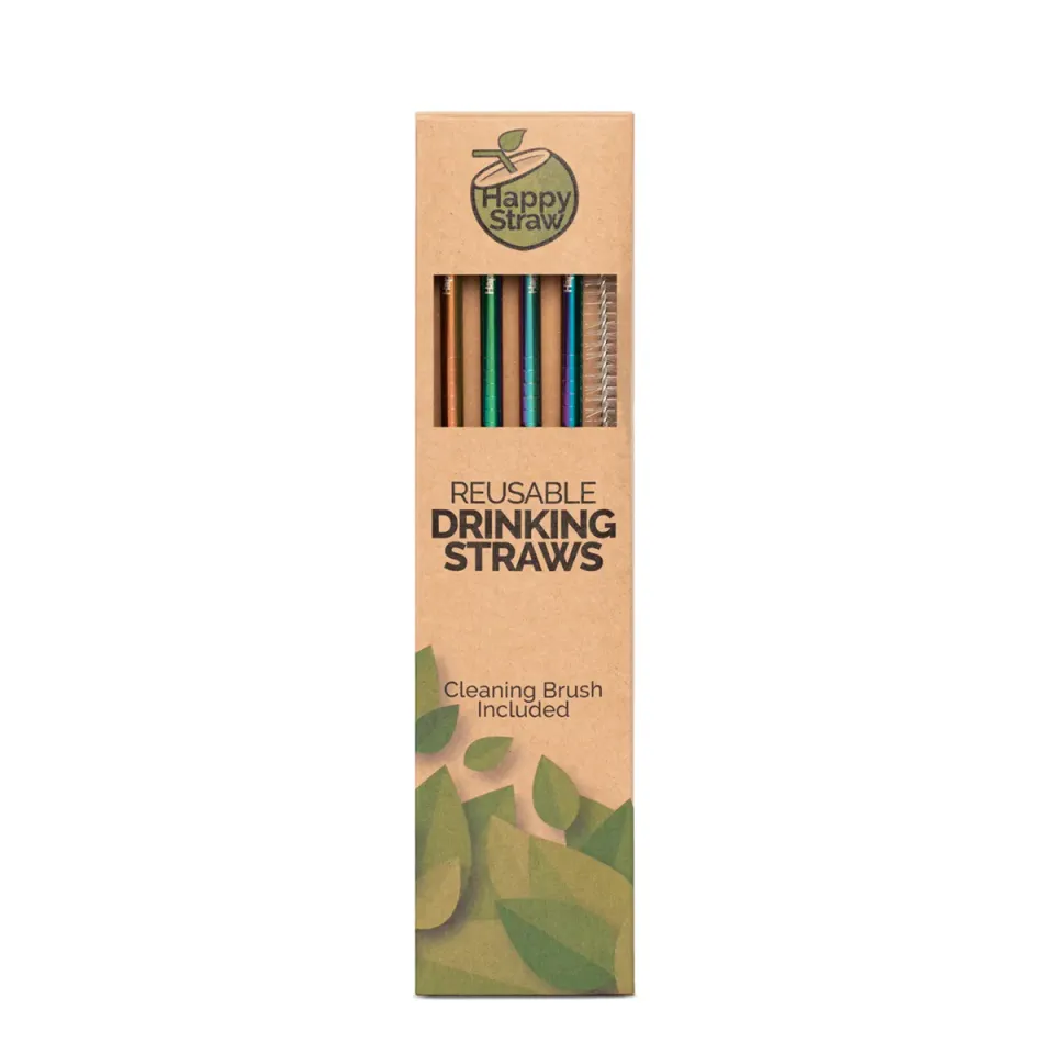 Happy Straw rvs rechte rietjes regenboog 4 stuks 6 mm
